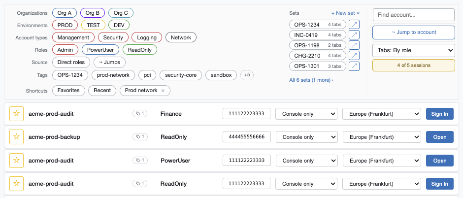Filter rows for Organizations, Environments, Account types, Roles, Source and Tags above role rows; two of the rows show Open because those roles are already signed in.